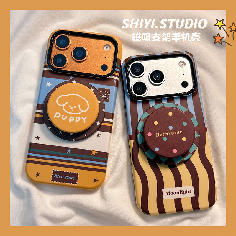 美式拼色条纹小狗磁吸支架适用苹果17promax手机壳16pro新款iphon17小众15pro女款15菲林14pm防摔13简约硬壳