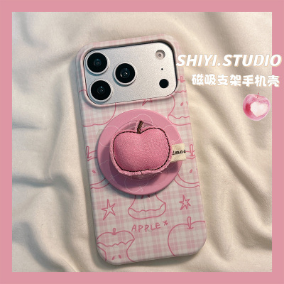 粉白格纹线条苹果布艺磁吸支架适用苹果17promax手机壳16pro新款iphon17小众15pro女款17Pro菲林防摔半包硬壳