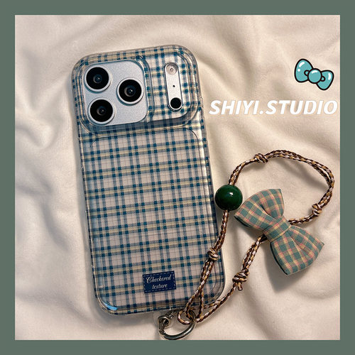日系ins格纹蝴蝶结挂绳适用苹果16promax手机壳15pro新款iphone13小众14pro女款17硅胶双层17pro全包软手机套