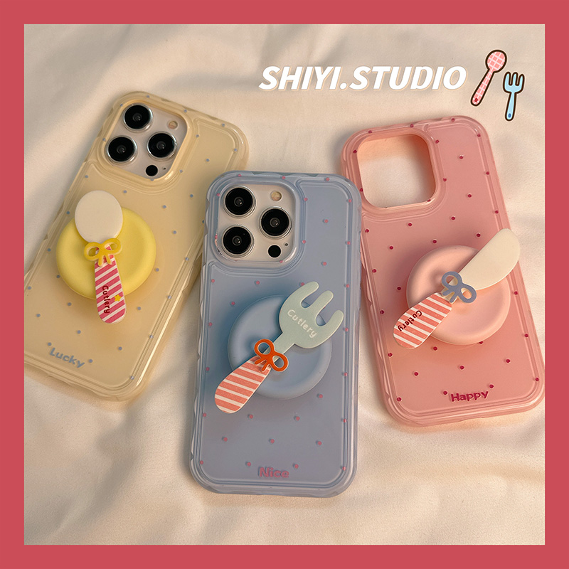 韩系ins波点奶油感餐具支架适用苹果16promax手机壳iphone17新款13女15pro硅胶12个性14pm小众创意防摔手机套