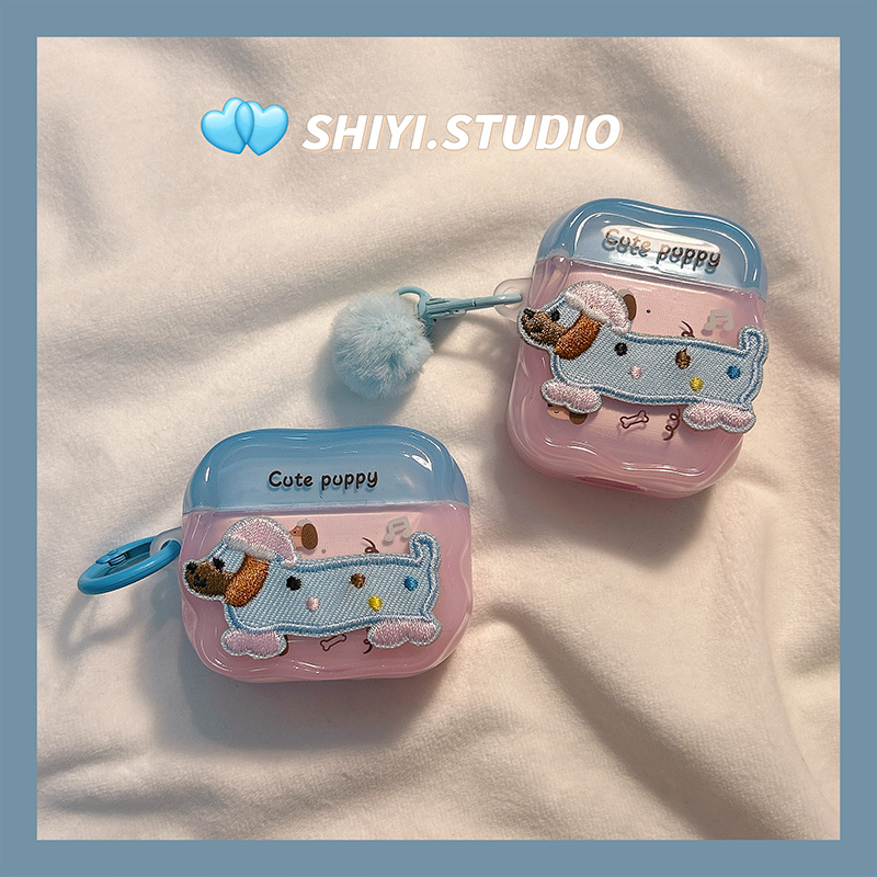 粉蓝拼色刺绣腊肠狗适用AirPods4保护套新款Pro2苹果耳机壳卡通1/2代无线蓝牙3代airpodspro三代软防摔保护壳