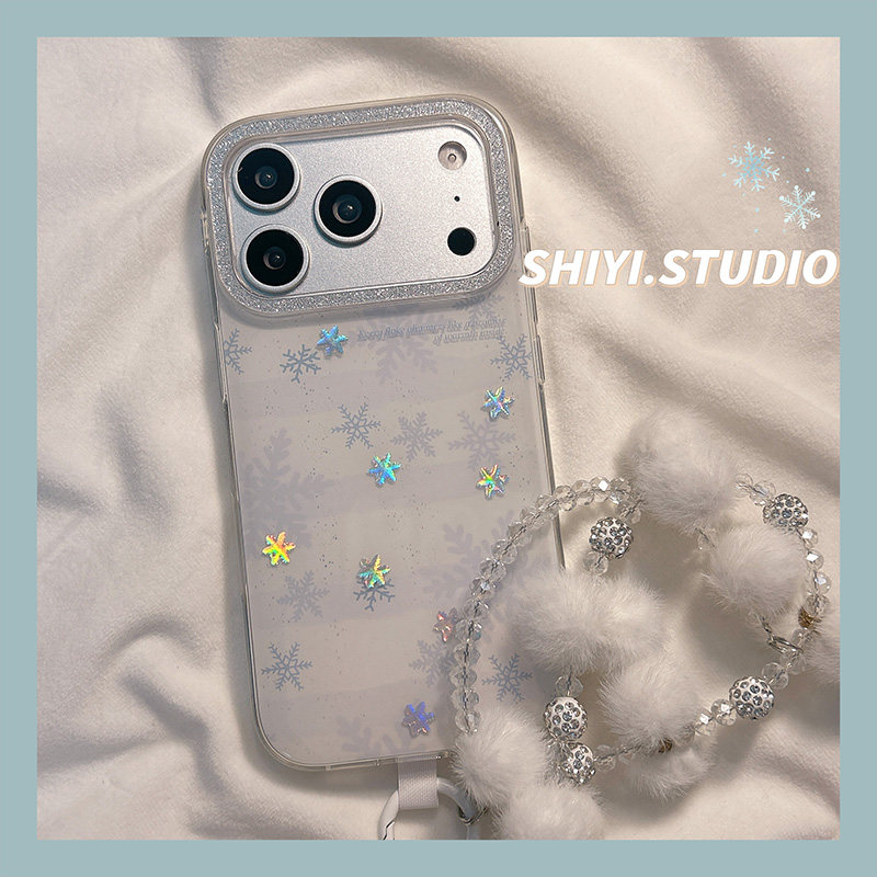 冬日镭射梦幻雪花适用苹果17promax手机壳带链条16pro新款iphon17ins风15pro女款15硅胶14防摔13小众双层硬壳