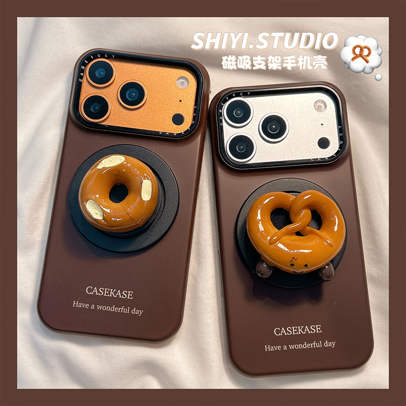 ins简约棕底碱水包甜甜圈磁吸支架适用苹果17promax手机壳16pro新款iphon17小众15pro女款15菲林14防摔13硬壳