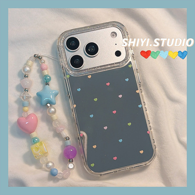 ins风彩色小爱心镜面适用苹果17promax手机壳链条16pro新款iphon17韩系15pro女款15硅胶17Pro防摔16简约硬壳