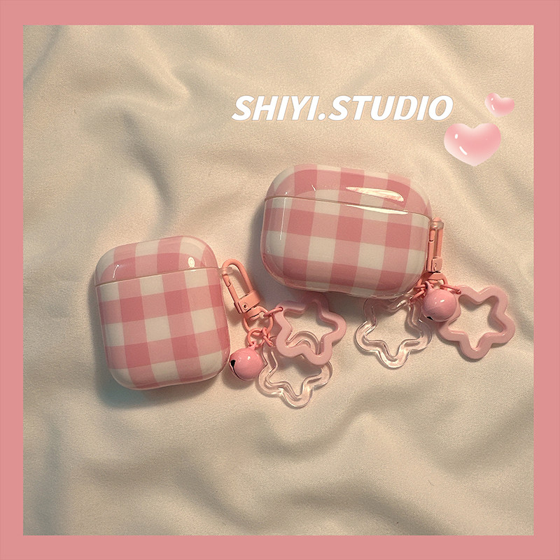 ins少女粉白格纹适用AirPods4保护套新款iPod苹果耳机