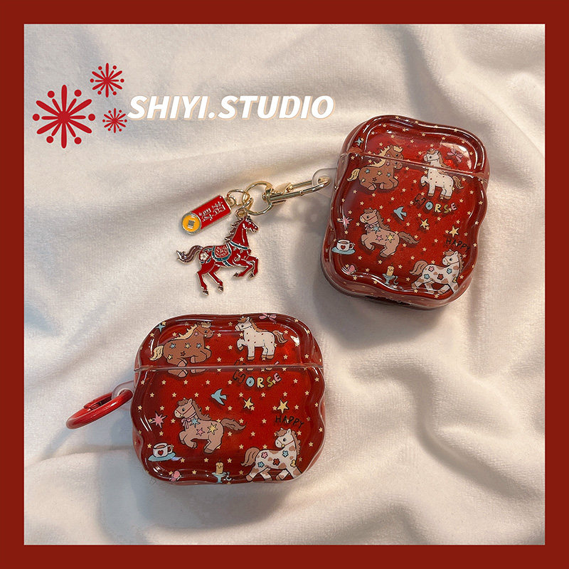 喜庆红色星星底卡通小马适用AirPods4保护套马年新款Pro2苹果耳机壳1/2代蓝牙3代airpodspro三代软防摔保护壳,3C数码配件,耳机保护套,淘宝优惠券,粉丝福利购,淘宝优惠卷