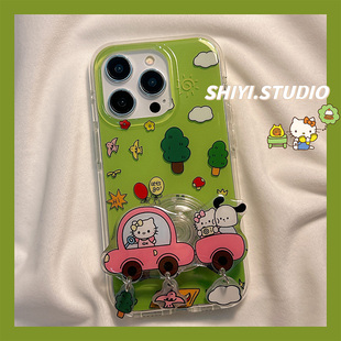 iphon13可爱14pro女款 治愈草地帕恰狗kitty汽车支架适用苹果16promax手机壳15pro新款 15硅胶16pro防摔16全包