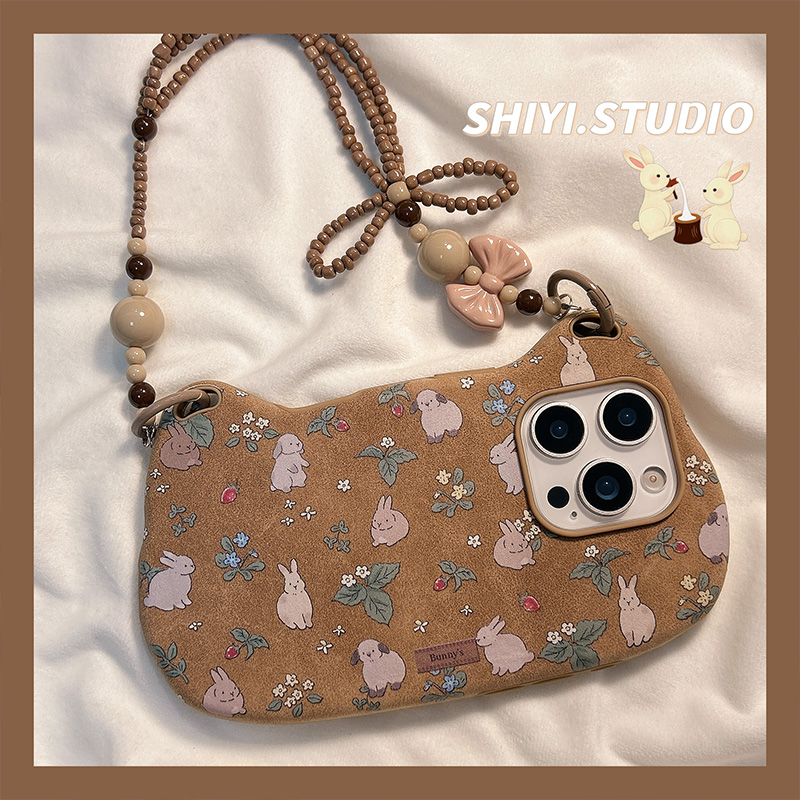 ins复古棕碎花小兔子手提包适用苹果17promax手机壳16pro新款iphon17小众15pro少女心15硅胶14防摔13皮质软壳