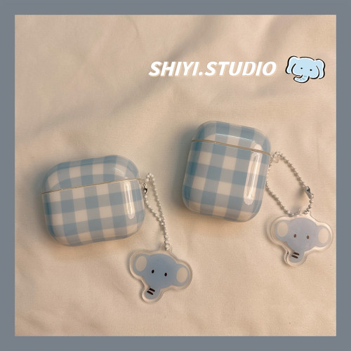 韩系ins蓝格子小象挂饰适用AirPods4保护套新款iPod苹果耳机壳1/2代无线蓝牙盒3代airpodspro2代软防摔保护壳