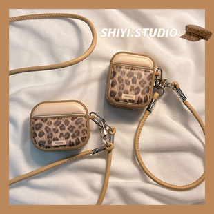 复古高级米粽豹纹带挂绳适用AirPods4保护套新款Pro2苹果耳机壳1/2代无线蓝牙3代airpodspro三代软防摔保护壳