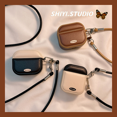 秋冬气质拼色斜跨挂绳适用AirPods4保护套新款Pro2苹果耳机壳皮质1/2代无线蓝牙3代airpodspro3代防摔保护壳