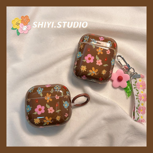 ins风复古棕底油画花朵适用AirPods4保护套新款Pro2苹果耳机壳小众1/2代蓝牙3代airpodspro三代软防摔保护壳