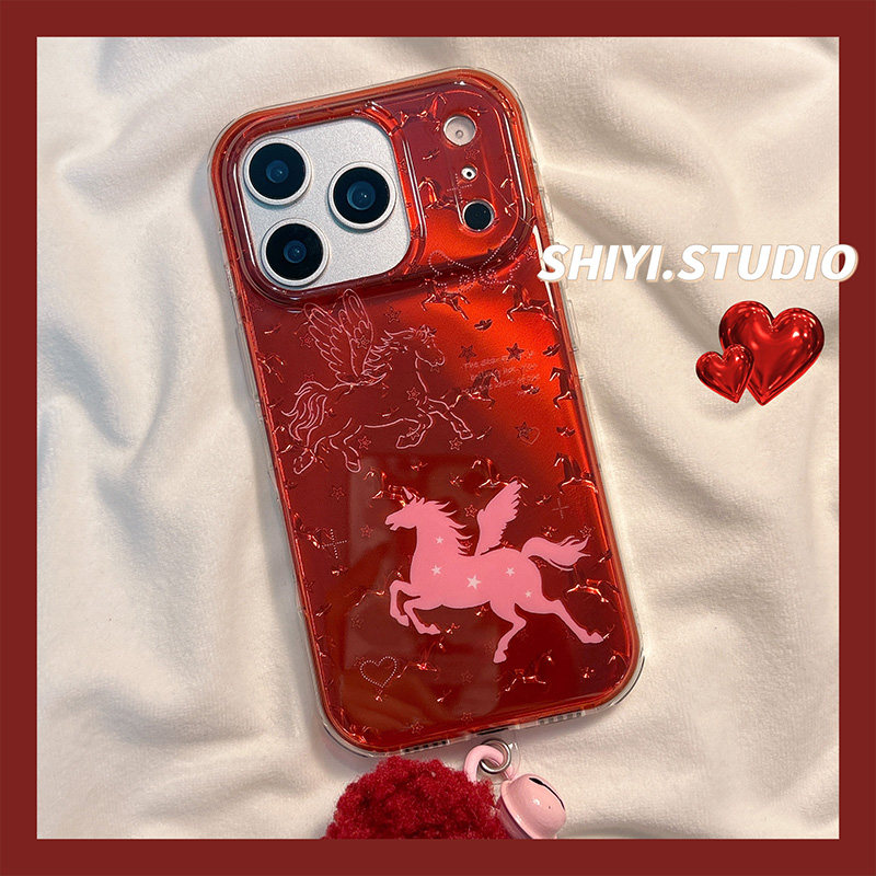 渐变复古红底飞马适用苹果17promax手机壳铃铛挂饰16pro新款iphon17可爱15pro女款15硅胶14防摔13创意双层硬