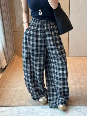 蒂娜2025秋新款时尚百搭松紧腰抽绳格子休闲裤女洋气减龄阔腿裤