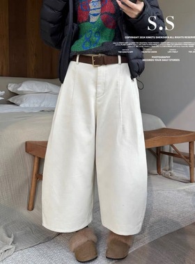 25秋冬新款加绒加厚松紧腰抽绳休闲裤女宽松显瘦阔腿弯刀裤条绒