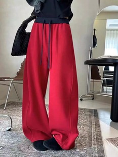 蒂娜25秋冬新款加绒加厚松紧腰抽绳休闲裤女宽松显瘦阔腿弯刀裤