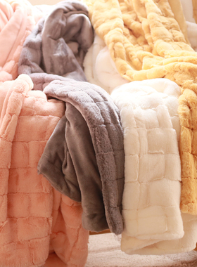 秋冬双层加厚沙发毛毯被子白色灰色仿兔绒毯子飘窗仿皮草床尾搭毯