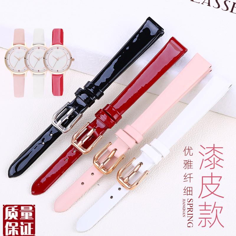 小号手表带真皮女亮光纤细表链6 8 10 12适配阿玛尼化