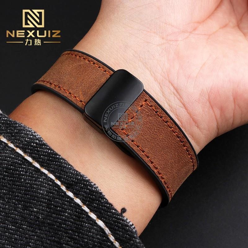 原装适用华为GT4/Watch4pro男磨砂复古真皮手表带磁吸折叠扣防水2