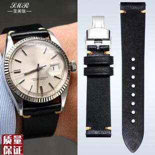 代用劳力士表带真皮男日志迪通拿潜航者黑绿蓝水鬼W复古手表带牛