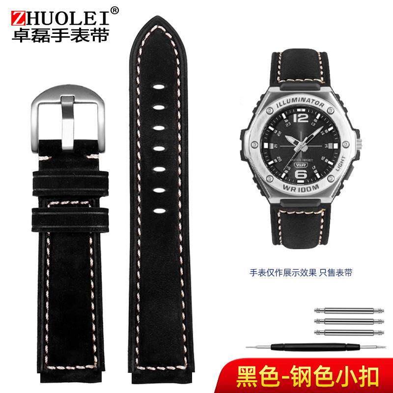 适配卡西欧黑武士5577手表MWA-100H学生复N古磨砂牛皮表带配件20m