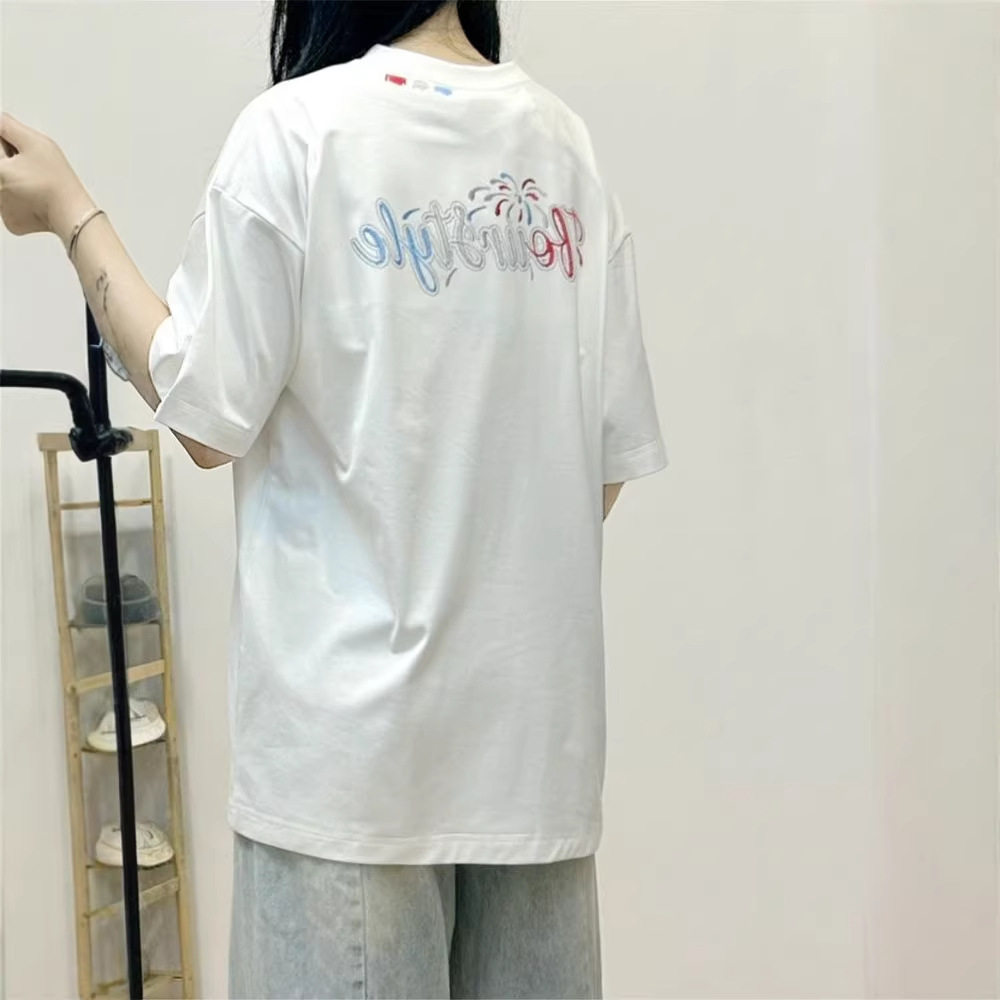 欣雅馨夏季新款宽松中长款高街美式纯棉刺绣贴布圆领短袖t恤