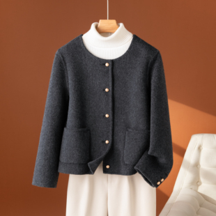 秋冬新款灰色高级感双面呢大衣女短款小香风羊毛呢外套极简风