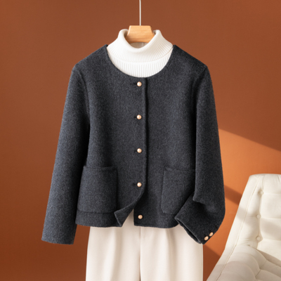 秋冬新款灰色高级感双面呢大衣女短款小香风羊毛呢外套极简风