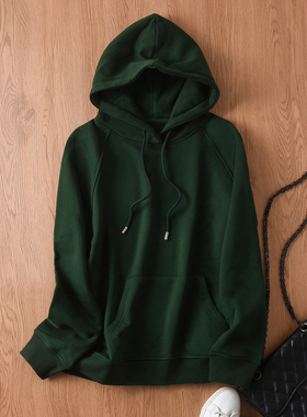 墨绿色连帽卫衣女2025秋冬新款休闲宽松加绒加厚纯色外套打底上衣