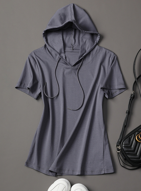 纯棉丝光棉连帽短袖T恤女2026夏季新款灰色修身正肩打底帽衫上衣