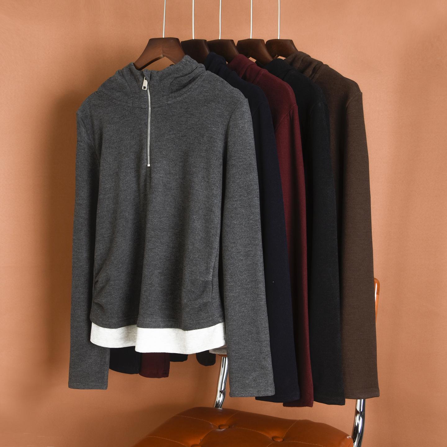 半拉链连帽卫衣女25秋冬新款蚕丝羊毛假两件褶皱收腰针织拉链上衣