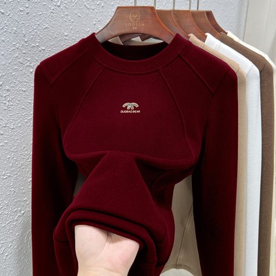 圆领德绒打底衫女2025新款秋冬加绒加厚双面绒保暖内搭t恤上衣潮