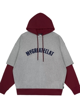 MYGE品牌标识印花拼色假两件运动连帽卫衣