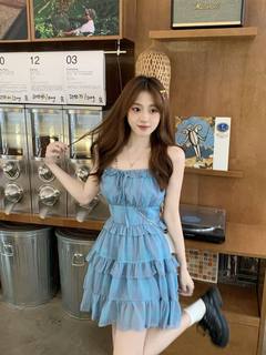 法式茶歇蓝色吊带连衣裙夏季新款气质显瘦小个子蛋糕裙连衣裙