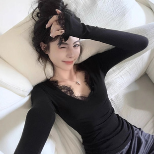 女修身 德國進口純欲性感女神內(nèi)搭打底衫 顯瘦V領(lǐng)蕾絲花邊T恤女