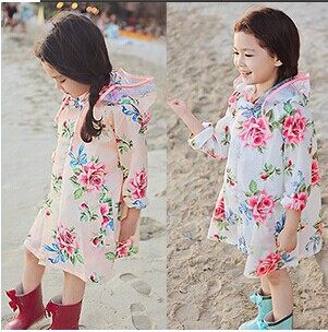 外单韩国时尚可爱美丽女童甜美花朵大花儿童雨衣雨披松紧带不含税