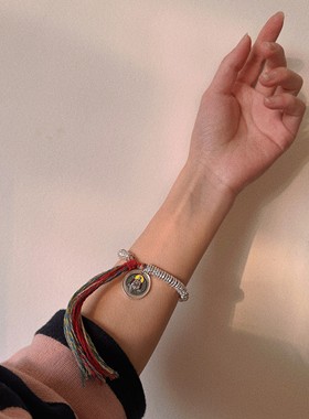 叶优里古法锤纹藏式S999足银手工编织圆盘手链如意吉祥盘缠手链