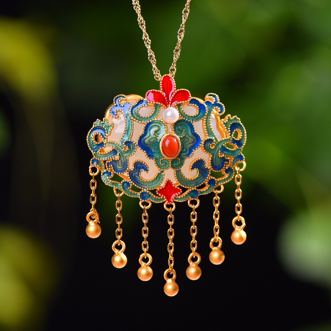 S925银镀18K金镶和田白玉如意锁珐琅女复古吊坠汉服配饰玉坠项链