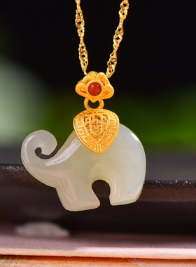 S925银镀18K金镶和田玉白玉吉祥象宫廷复古吊坠汉服配饰玉坠项链