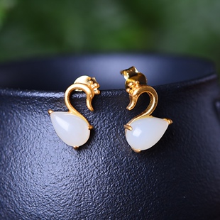 S925银镀18K金镶新疆和田白玉天鹅宫廷复古耳钉耳坠耳线耳饰礼品