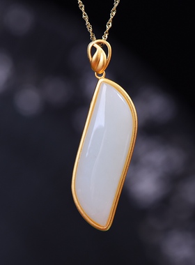 S925银镀18K金镶和田白玉柳叶珐琅宫廷复古吊坠汉服配饰玉坠项链