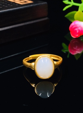 S925银镀18K金镶和田玉白玉蛋面女宫廷复古戒指戒圈汉服配饰指环