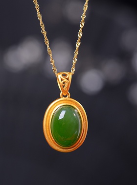 S925银镀18K金镶和田碧玉蛋面珐琅宫廷复古吊坠汉服配饰玉坠项链