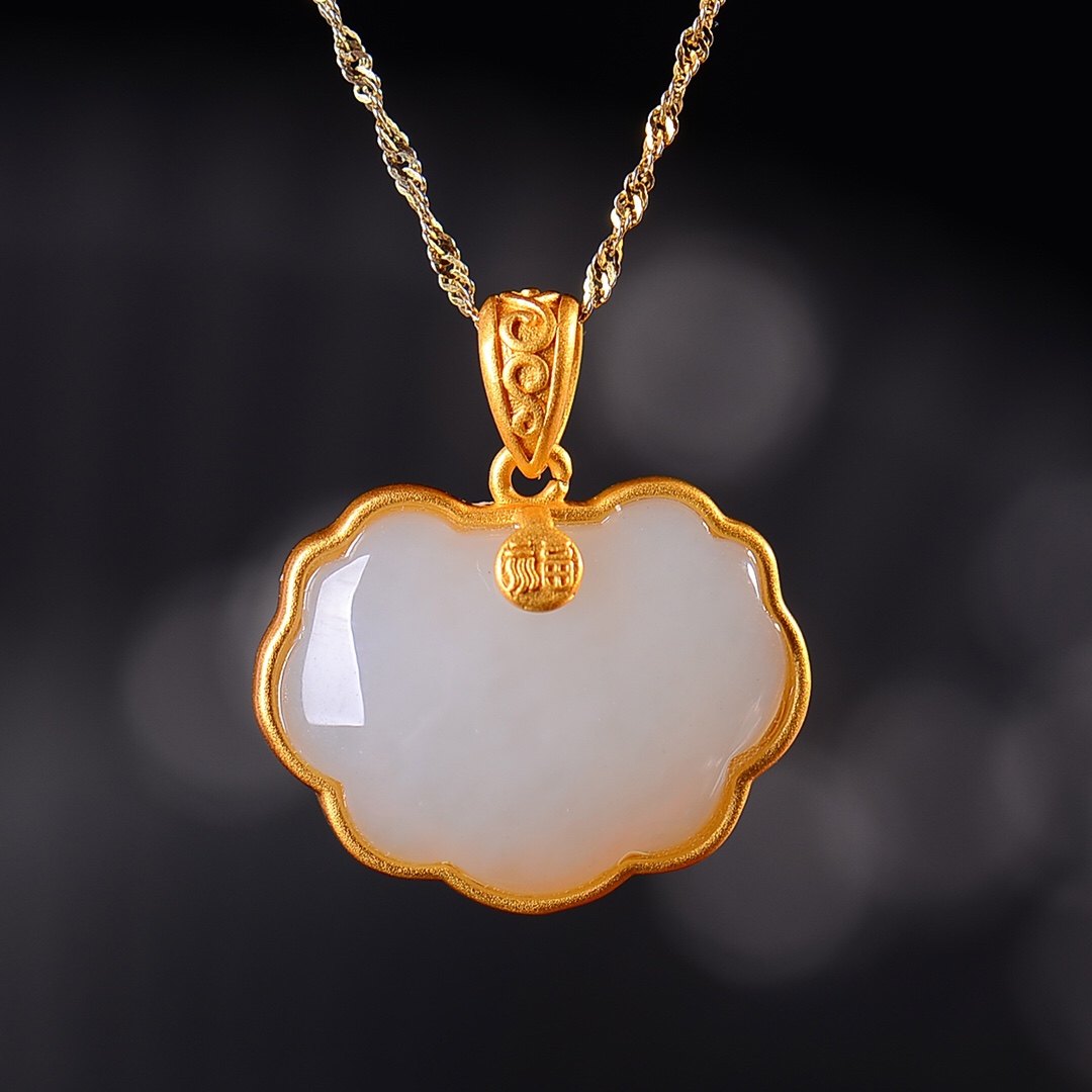 S925银镀18K金镶和田玉如意锁珐琅宫廷复古吊坠汉服配饰玉坠项链