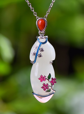 S925银镀18K金镶和田玉白玉旗袍女宫廷复古吊坠汉服配饰玉坠项链