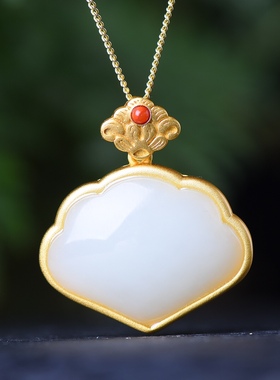 S925银镀18K金镶和田白玉异形珐琅宫廷复古吊坠汉服配饰玉坠项链