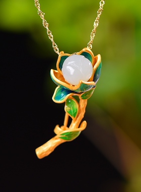 S925银镀18K金镶和田白玉莲花胸针复古吊坠汉服配饰玉坠项链吊坠