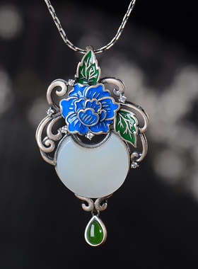 S925银镀18K金镶和田白玉月亮珐琅宫廷复古吊坠汉服配饰玉坠项链