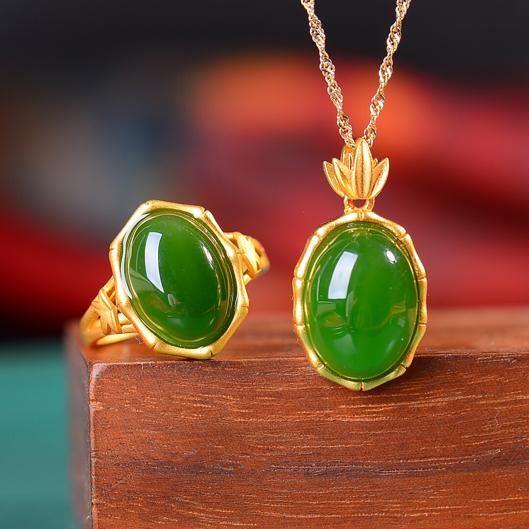 S925银镀18K金镶和田碧玉蛋面汉服配饰复古套装吊坠项链戒指一套