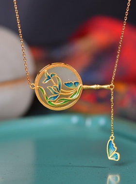 S925银镀18K金镶和田白玉圆形珐琅宫廷复古吊坠汉服配饰玉坠项链